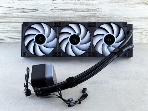 A liquid cooler with three fans.