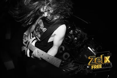 A musician plays guitar with long, wild hair.