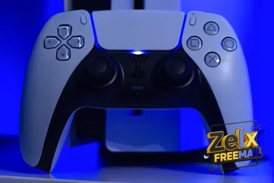 blue and black game controller